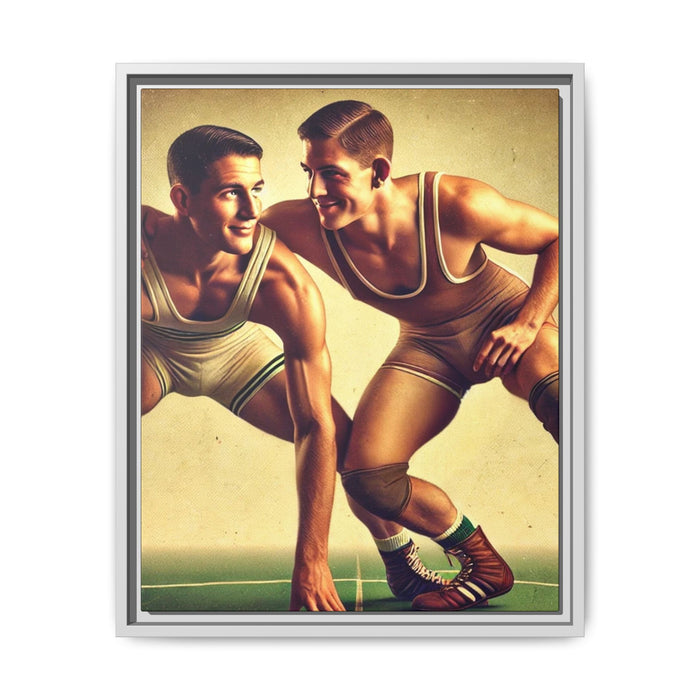 Vintage-style portrait of two young male wrestlers in retro singlets on a gym mat. One crouches in position while the other, slightly behind, smiles at him with playful affection. Both wear old-school wrestling shoes and knee pads. The scene captures athleticism, camaraderie, and queer subtext in a nostalgic, golden-toned setting. Grant Wood Tribute