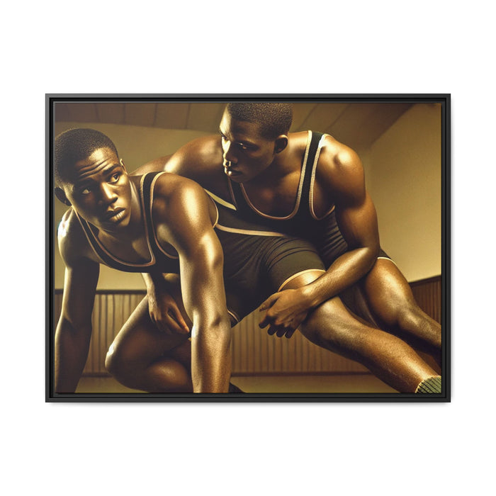 Framed artwork inspired by Grant Wood, showcasing African-American wrestlers in a vintage gymnasium setting. A powerful tribute to teamwork, resilience, and regionalist art.