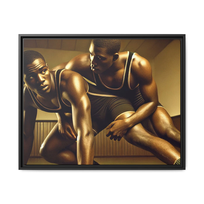 Framed artwork inspired by Grant Wood, showcasing African-American wrestlers in a vintage gymnasium setting. A powerful tribute to teamwork, resilience, and regionalist art.