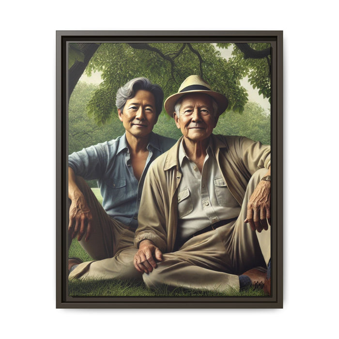 Hyper-realistic painting of an elderly Asian-American gay couple in 1930s attire under a leafy tree, celebrating love and resilience.