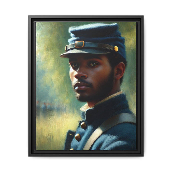Portrait of an African American Civil War Union soldier in a kepi and navy wool coat, inspired by Walt Whitman’s Drum-Taps, honoring bravery, sacrifice, and resilience. This is a Grant Wood tribute.