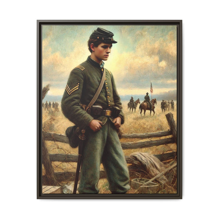 Framed artwork of a young Civil War Union soldier inspired by Walt Whitman’s Drum-Taps poems and Grant Wood's style, depicting battlefield sacrifice, humanity, and historical charm.