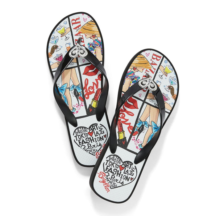 Brighton rubber flip flop sandals with fashion illustration print, black straps, and silver-tone heart accent on a white background
