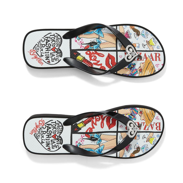 Brighton rubber flip flop sandals with black straps, illustrated fashion print, and silver-tone heart accent on a white background
