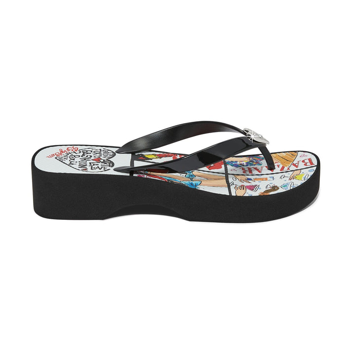 Brighton black rubber wedge flip-flop sandal with illustrated fashion print footbed and silver-tone heart accent on a white background