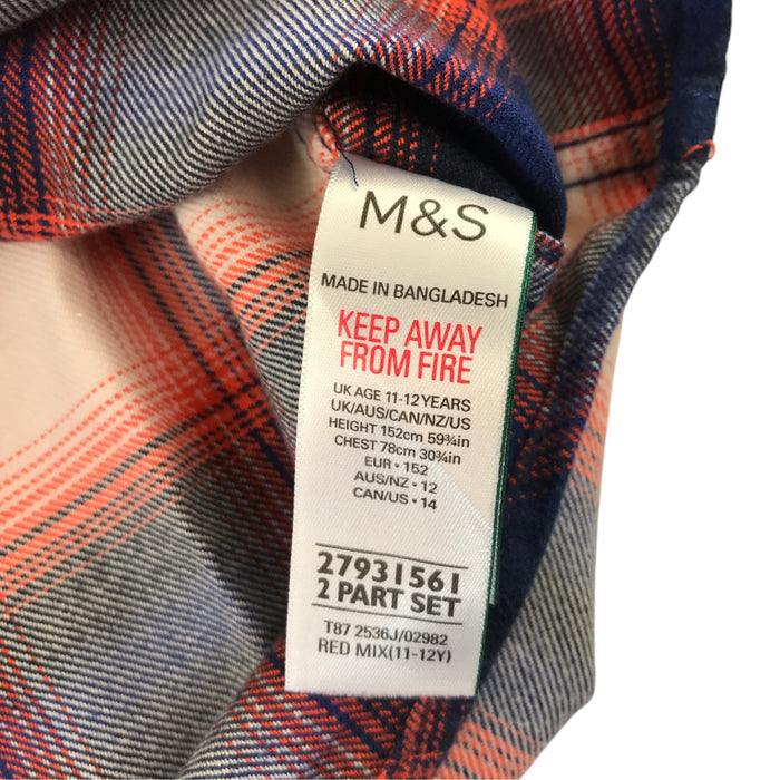 M&S 11-12 years blue orange tartan flannel shirt cotton