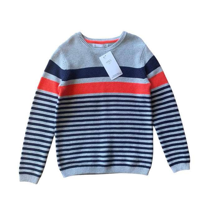 M&S 8-9 years jumper grey navy red stripy cotton