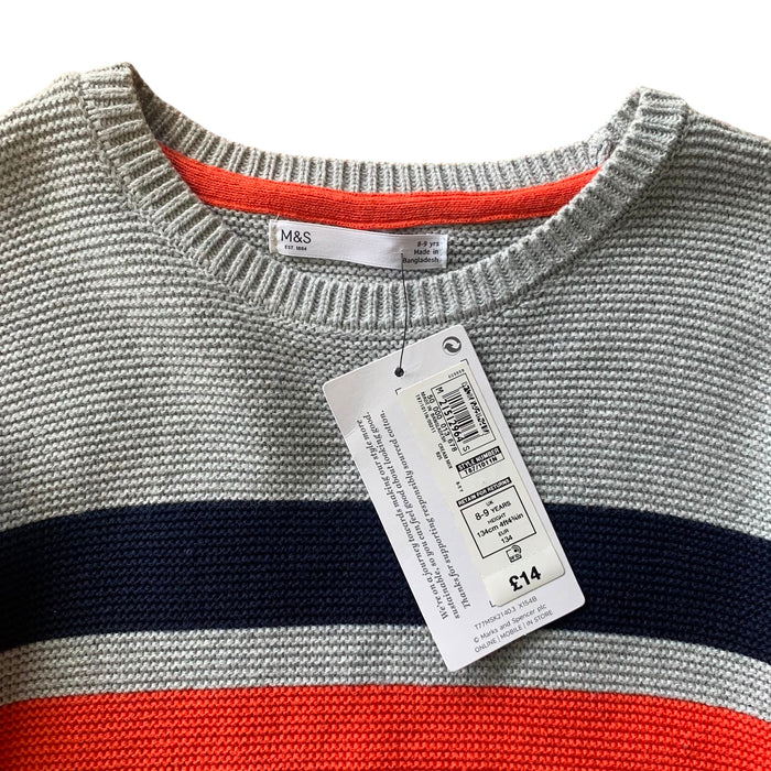 M&S 8-9 years jumper grey navy red stripy cotton