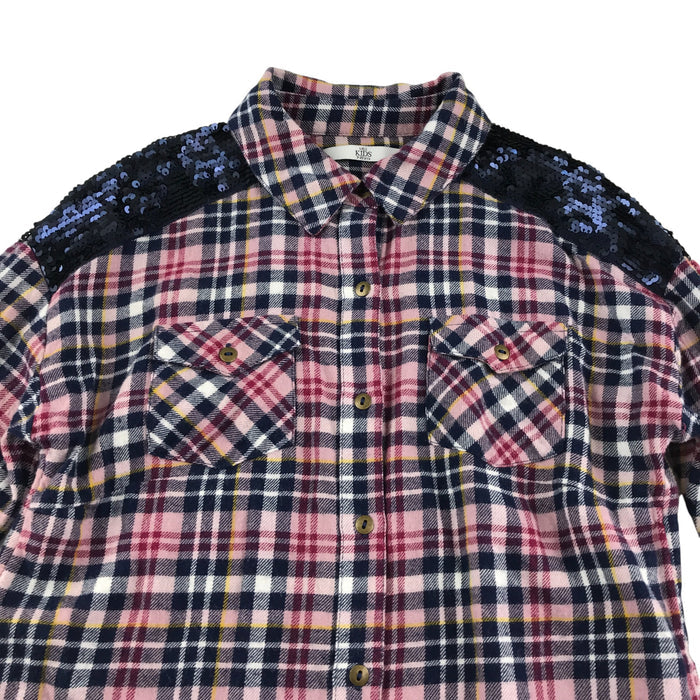 M&S 9-10 years pink multicolour sequin checked buttoned cotton shirt