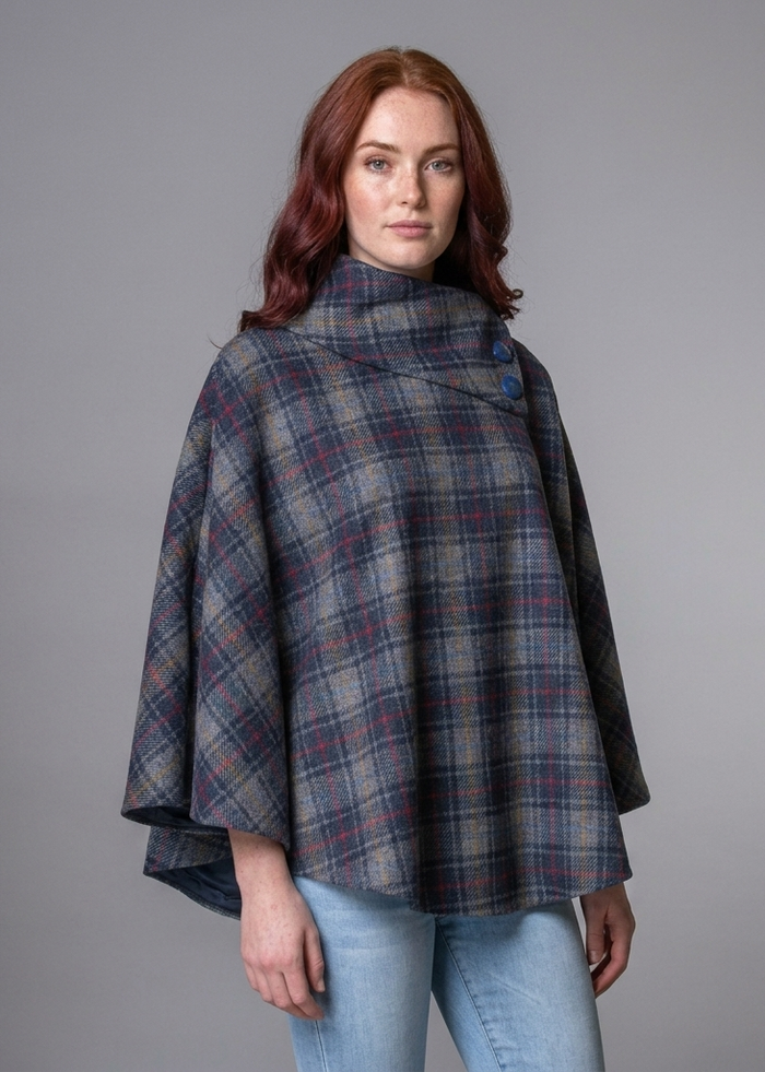 Mucros Wool Tweed Poncho | Charcoal Check Herringbone
