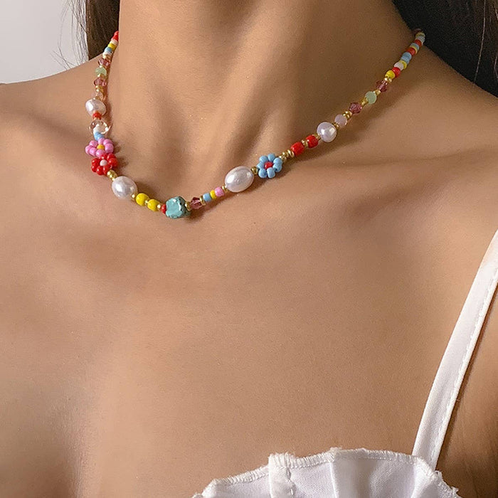 Multicolored Flower & Pearl Necklace
