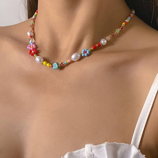 Multicolored Flower & Pearl Necklace