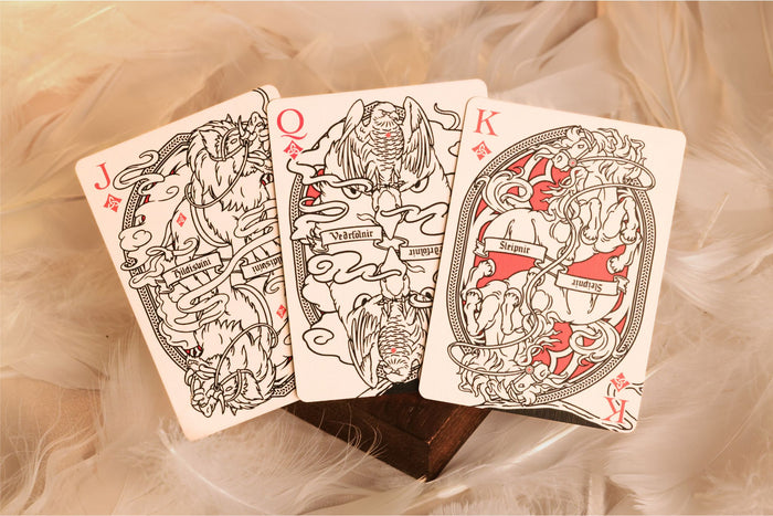 MYTHIC edition Fury of Light Court Cards with illustrations of gods and goddesses on a bed of feathers.