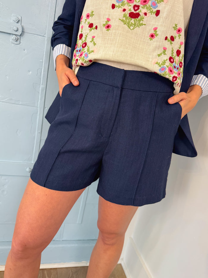 Navy Linen Pleated Short