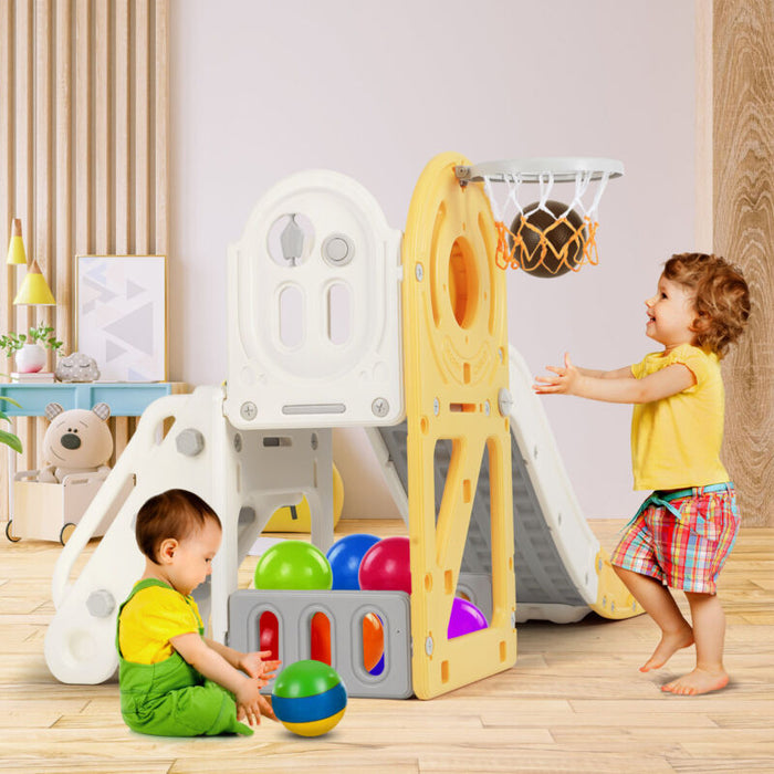 New 5 in 1 Toddler Slide Freestanding Kids Playground w/ Climber,Basketball Hoop