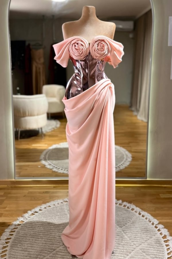 Off-the-shoulder Pink Flowers Prom Dress 2025 Metallic Satin Waist Design