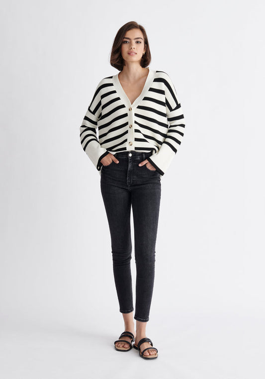 Paisie Striped Ribbed Cardigan in Black and White