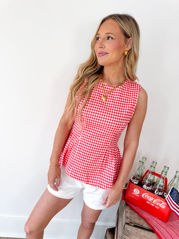 Parade Ready Red Checkered Peplum Tank