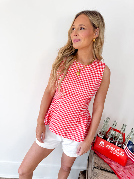 Parade Ready Red Checkered Peplum Tank