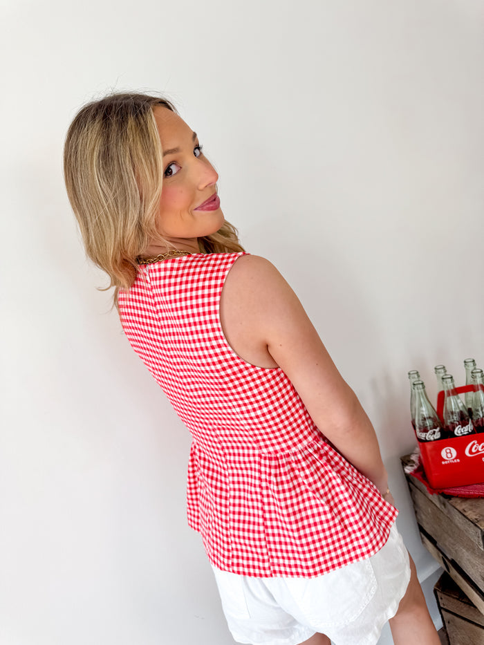 Parade Ready Red Checkered Peplum Tank