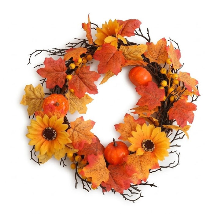 Partyrite 16" Artificial Autumn Harvest Door Wreath with Mini Pumpkins, Sunflowers & Maple Leaves | Wholesale