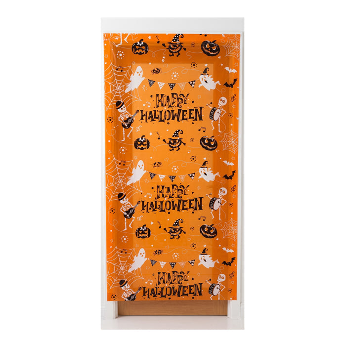 An orange Halloween-themed door curtain featuring 'Happy Halloween' text and spooky illustrations of ghosts, pumpkins, bats, and cobwebs.