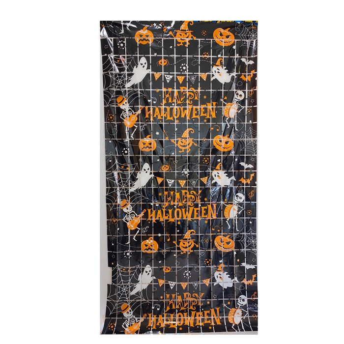 A Halloween-themed plastic sheet featuring a black background with orange pumpkins, white ghosts, spiderwebs, and 'Happy Halloween' text.