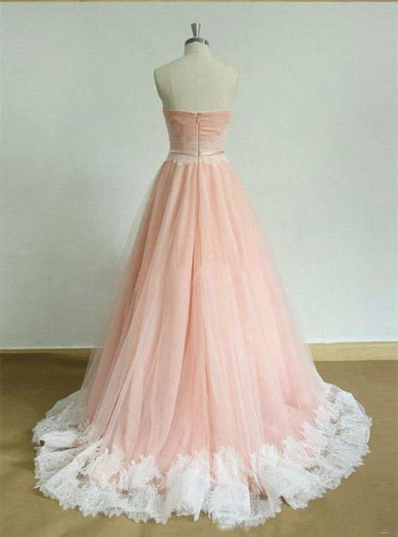 Pink Prom Dress 2023 A-line Strapless Zipper up Back Tulle with Lace Appliques Bow(s)