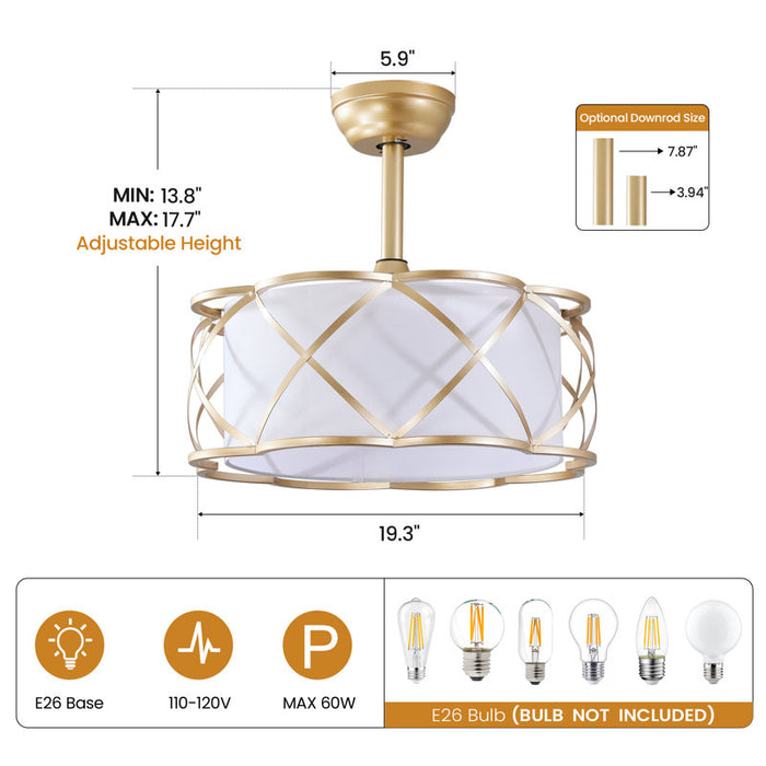 Plafonnier-ventilateur moderne de 48 cm avec abat-jour en tissu, kit d'éclairage et télécommande
