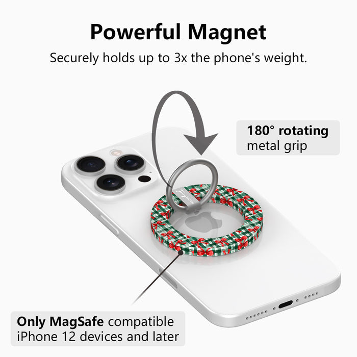 Plaid Tidings & Bows MagSafe grip ring with 180 degree rotating silver ring, holds up to 3x the phone's weight, for MagSafe iPhone 12 and later