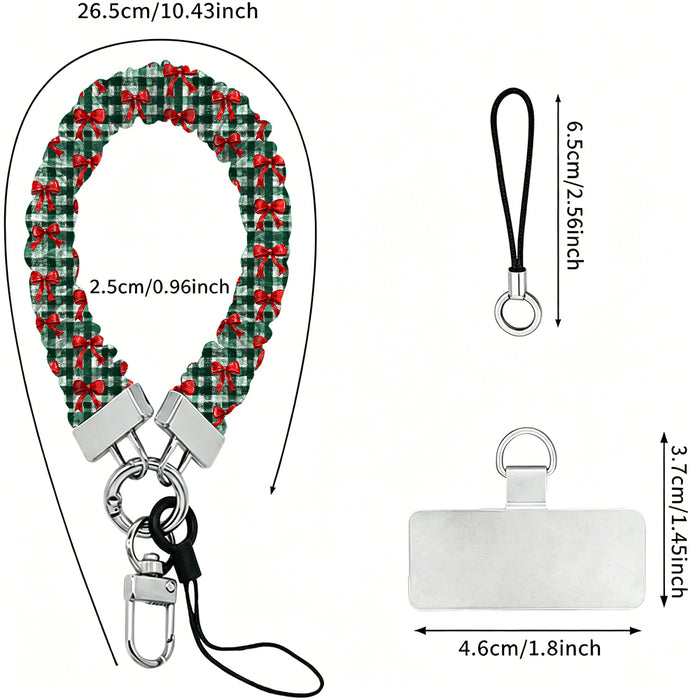 Plaid Tidings & Bows scrunchie wrist strap dimensions: 26.5 cm strap, 2.5 cm wide, 6.5 cm loop, 4.6 x 3.7 cm phone tab