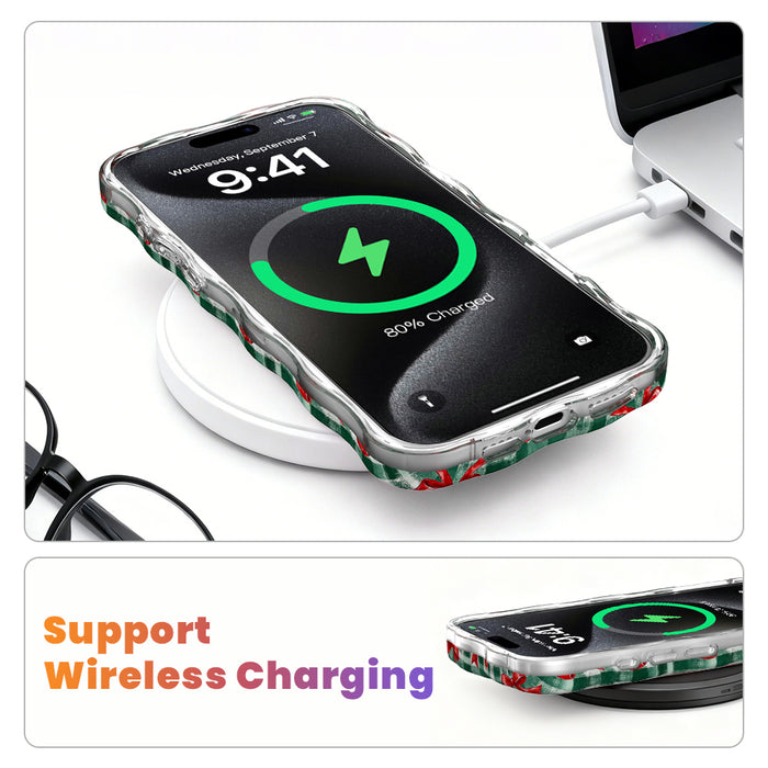 Plaid Tidings & Bows MagSafe iPhone case on a wireless charging pad, showing wireless charging works through the case