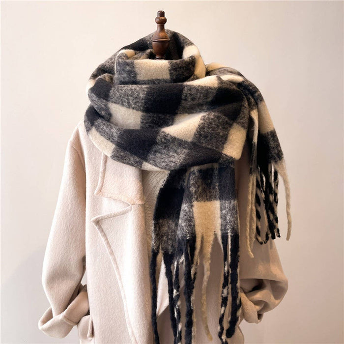 Plaid Winter Scarf Shawl- Black & White