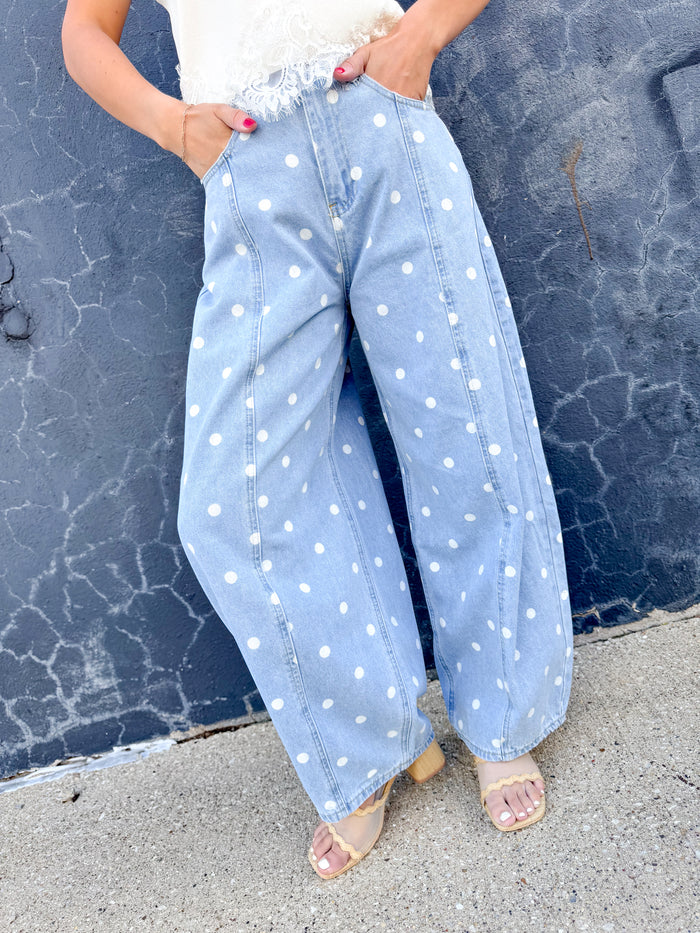 Peach Love Polka Dot Denim Barrel Pant – women's denim
