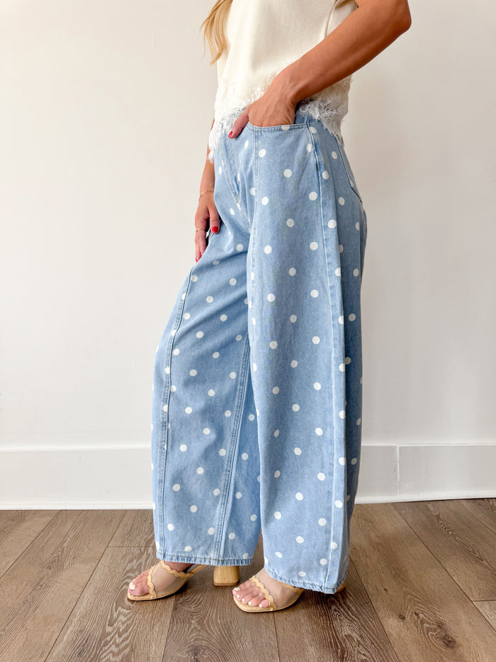 Peach Love Polka Dot Denim Barrel Pant – women's denim