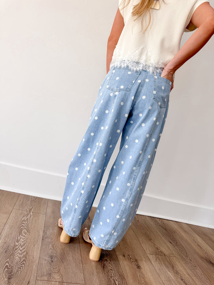 Peach Love Polka Dot Denim Barrel Pant – women's denim