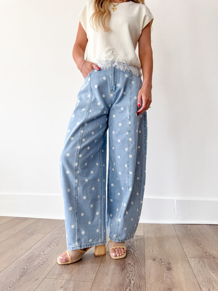 Peach Love Polka Dot Denim Barrel Pant – women's denim
