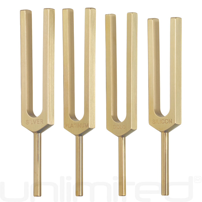 PraPelnia Gold, Silver, Silicon, Platinum Set of 4 Brass Tuning Forks