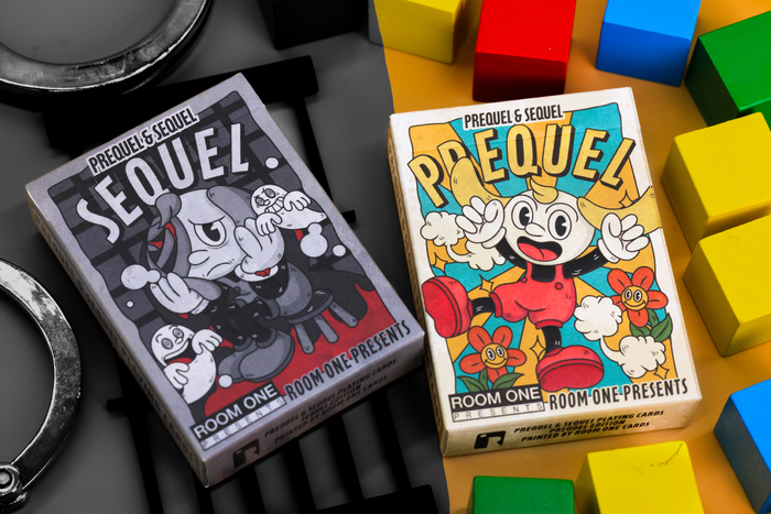 Two card decks labeled 'Prequel' & 'Sequel' with colorful geometric blocks in the background.