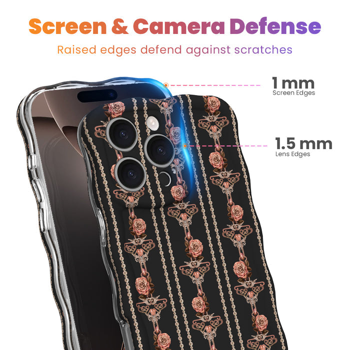 Close-up of the Pretty Little Details black pearl and rose gold iPhone case showing 1mm raised screen edges and 1.5mm raised camera lens edges that defend against scratches.