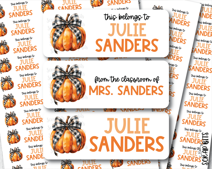 Pumpkin Buffalo Plaid Ribbon Name Labels . Personalized Belonging Labels - Scrap Bits