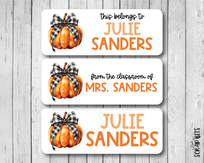 Pumpkin Buffalo Plaid Ribbon Name Labels . Personalized Belonging Labels - Scrap Bits