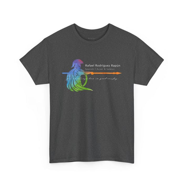 Rainbow Spartan Pride shirt honoring queer Spanish icon Rafael Rodríguez Rapún