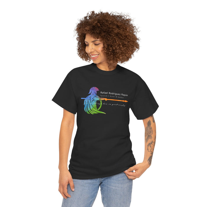 Rainbow Spartan Pride shirt honoring queer Spanish icon Rafael Rodríguez Rapún