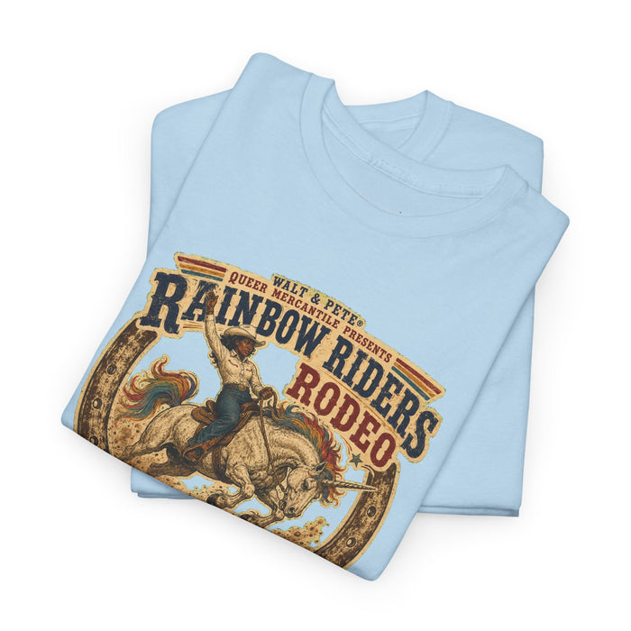 Black cowgirl riding a white speckled unicorn on a Western graphic tee
