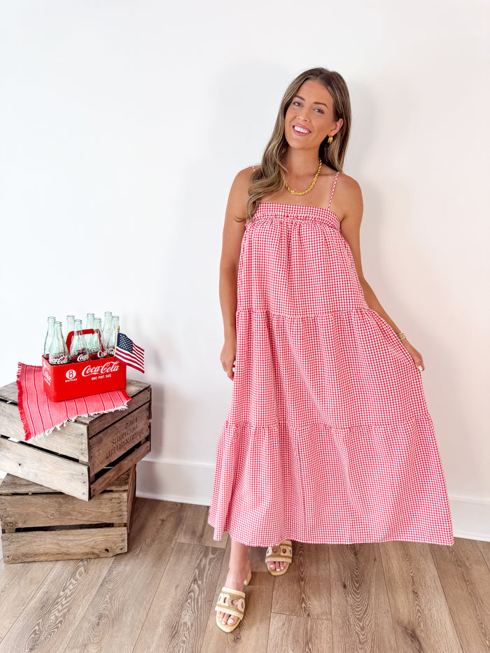 Red Gingham Dress W/Navy Bow