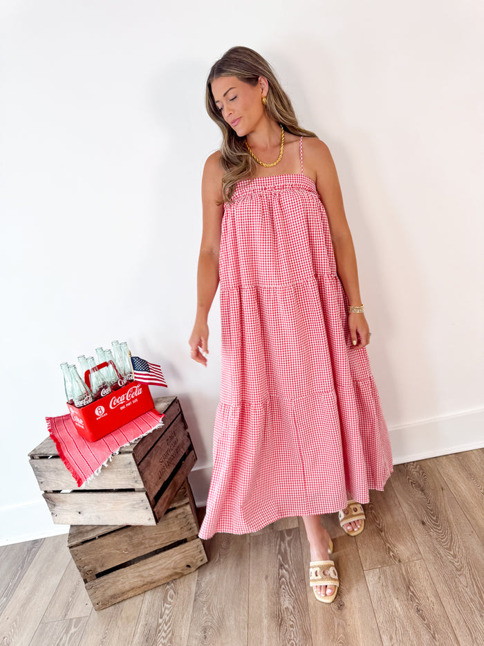 Red Gingham Dress W/Navy Bow