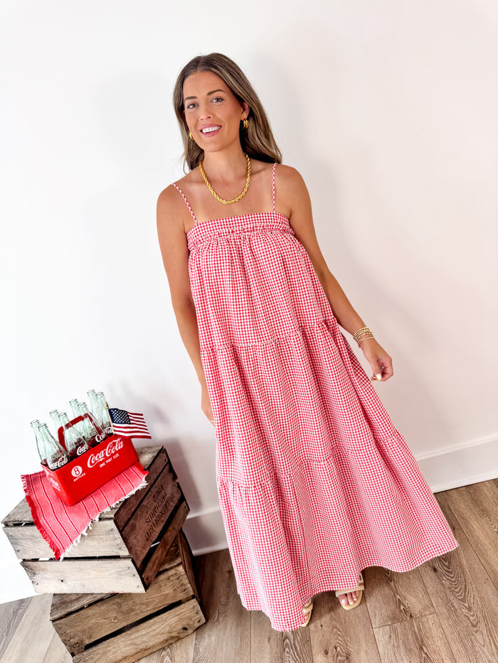 Red Gingham Dress W/Navy Bow