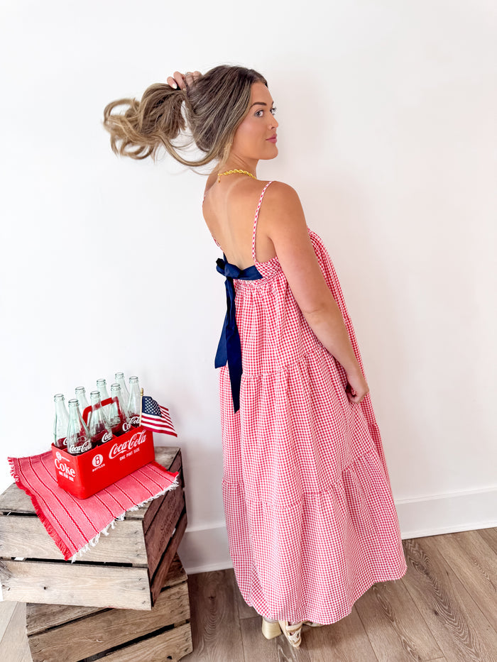 Red Gingham Dress W/Navy Bow