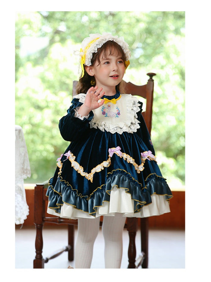 Renaissance Royal Blue Long Sleeves Velvet with Embroidery Girls Lolita Dress